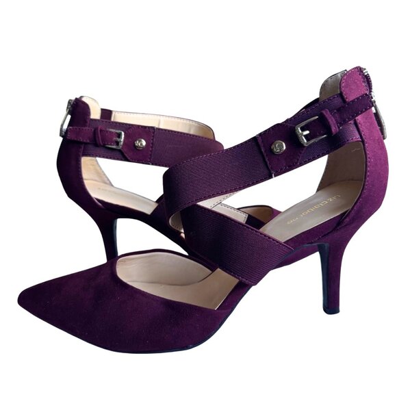 Liz Claiborne Plum Suede Pointed Toe Heels Criss-Cross Straps Size 9.5 - Picture 1 of 5
